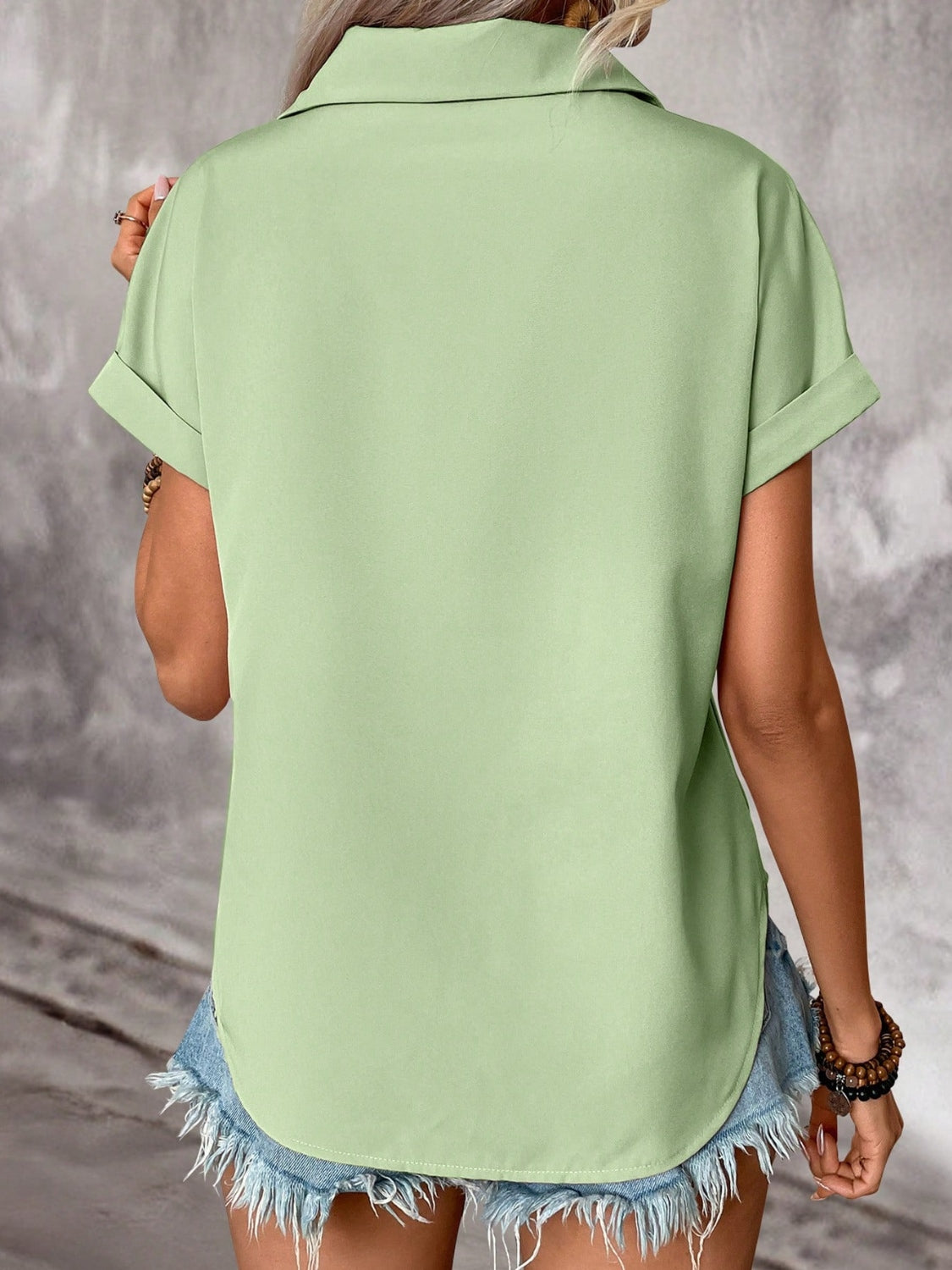 Pleated Detail Collared Neck Short Sleeve Shirt