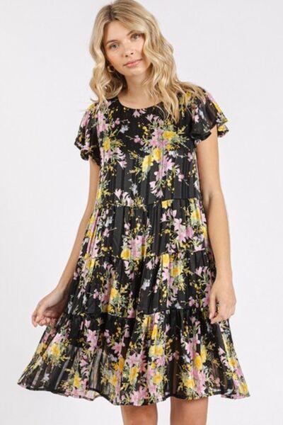 Mittoshop Flower Print Round Neck Flutter Sleeve Tiered Dress Black