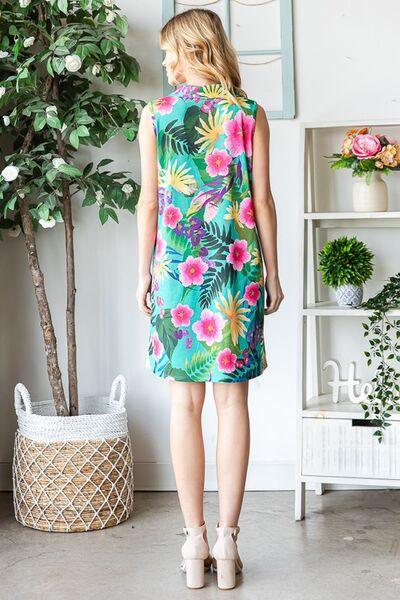 Heimish Full Size Floral Johnny Collar Sleeveless Dress Plus Size