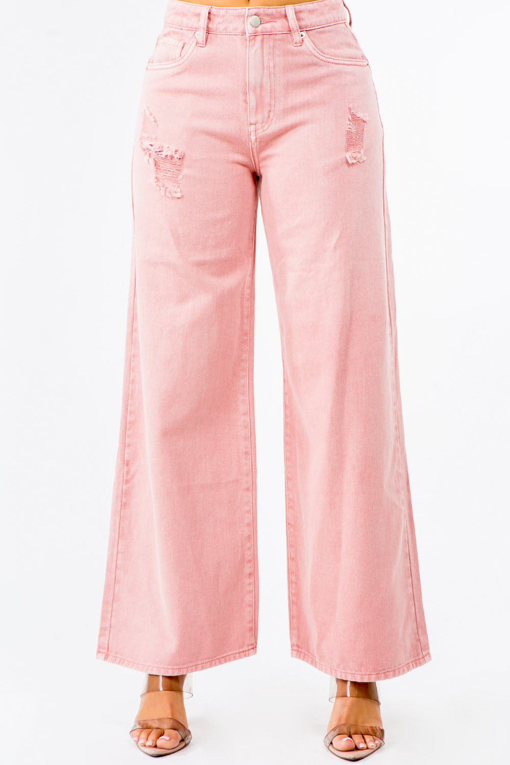 American Bazi High Waist Distressed Wide Leg Jeans Blush Pink