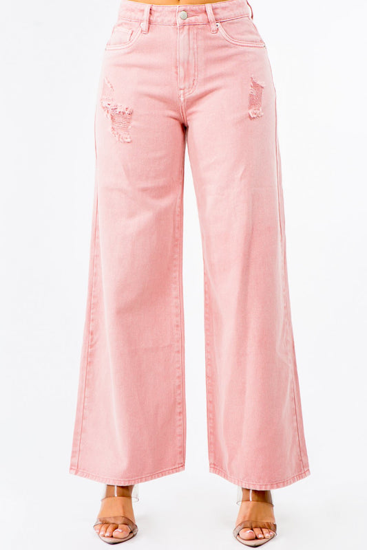 American Bazi High Waist Distressed Wide Leg Jeans Blush Pink