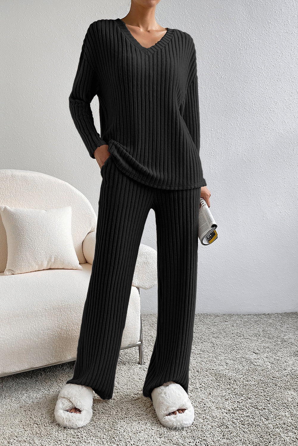 Ribbed V-Neck Top and Pants Lounge Set Black