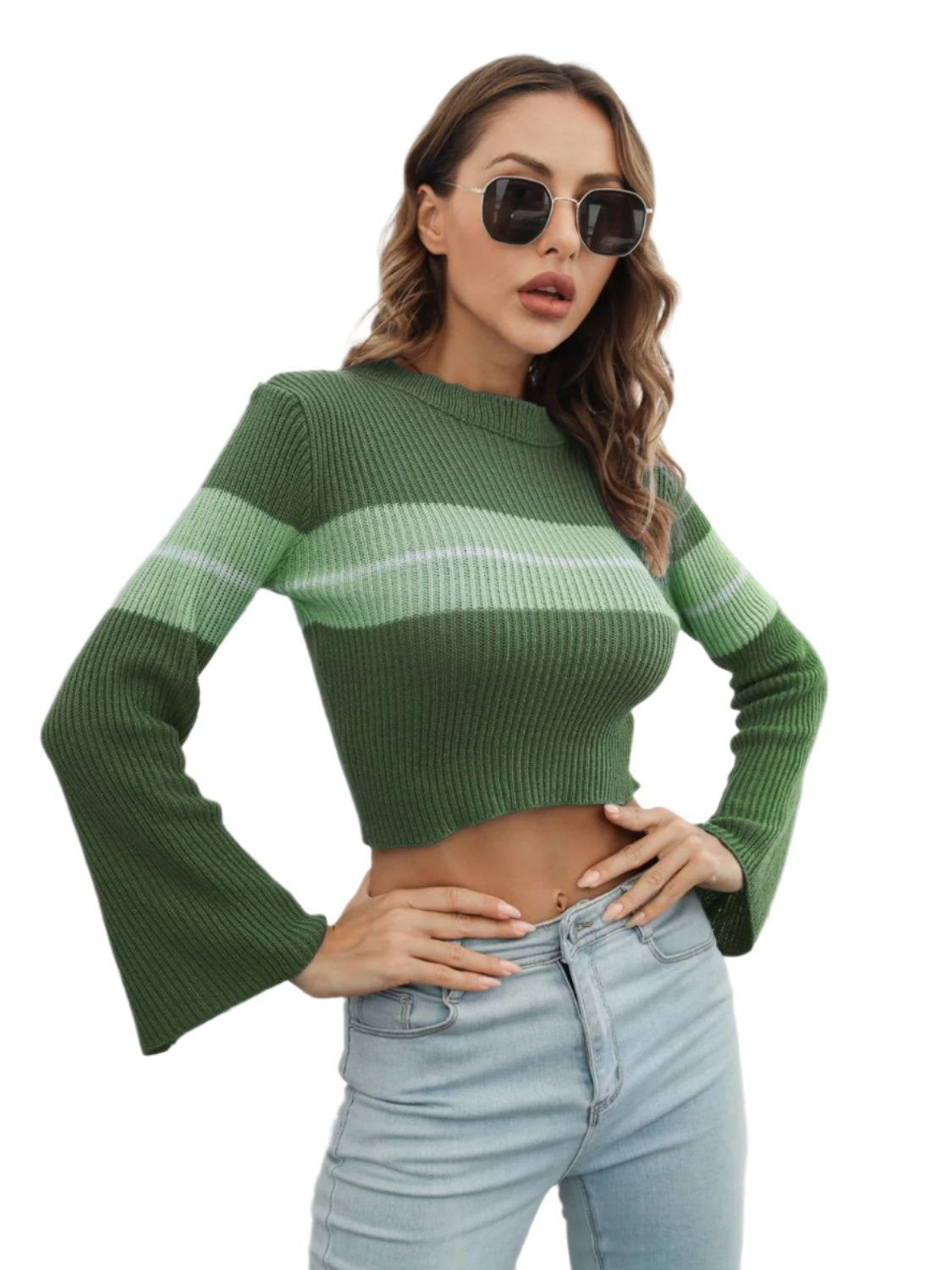 Ribbed Color Block Round Neck Cropped Sweater