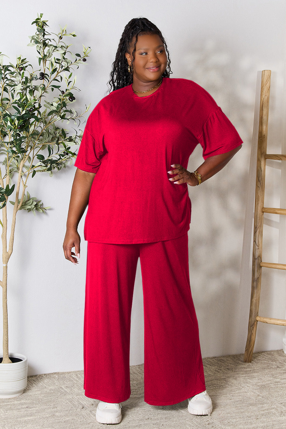 Double Take Full Size Round Neck Slit Top and Pants Set Red