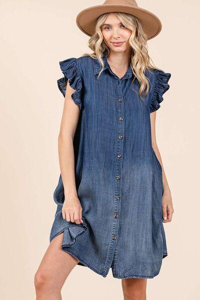 Mittoshop Washed Chambray Ruffle Sleeve Buttoned Mini Dress Dark