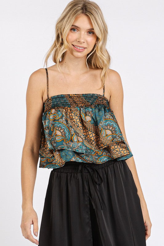 Mittoshop Paisley Patchwork Print Satin Ruffle Crop Cami TEAL GREEN