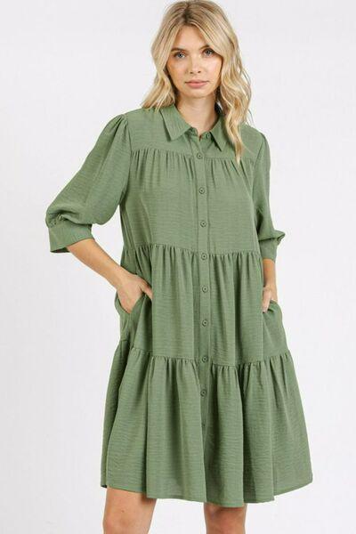 Mittoshop Button Detail Collared Neck Tiered Shirt Dress Sage