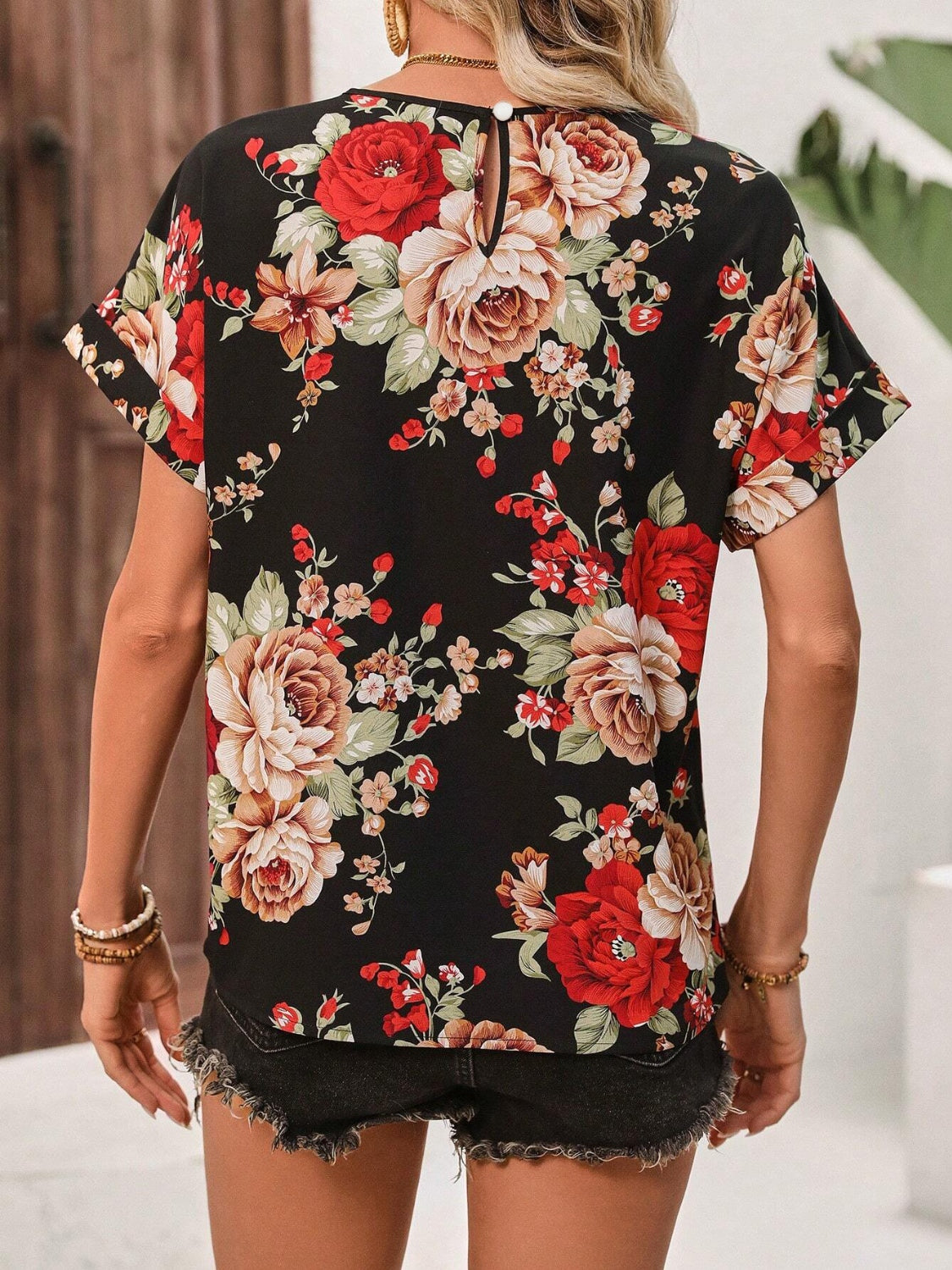 Contrast Round Neck Short Sleeve Blouse