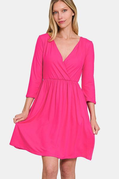 Zenana Three-Quarter Sleeve Surplice Dress with Pockets Hot Pink