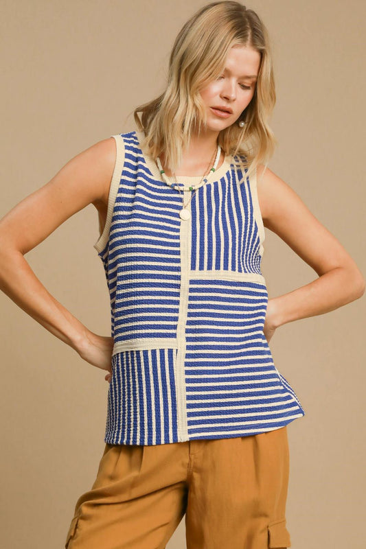 Umgee Round Neck Texture Striped Tank Blue