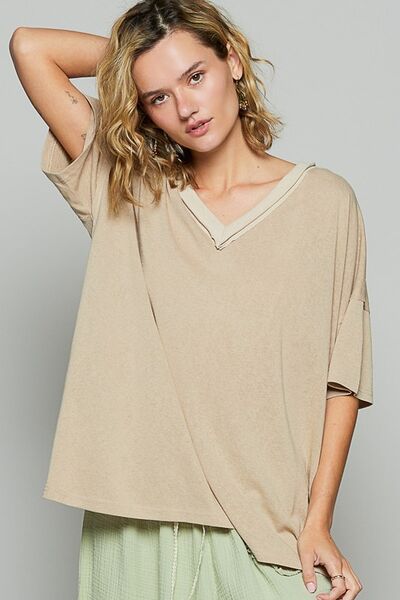 POL V-Neck Half Sleeve T-Shirt Latte