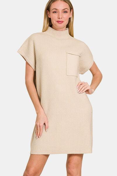 Zenana Short Sleeve Sweater Mini Dress Sand Beige