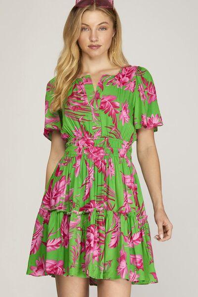 She + Sky Full Size Printed Notched Short Sleeve Frill Tiered Dress Plus Size Green