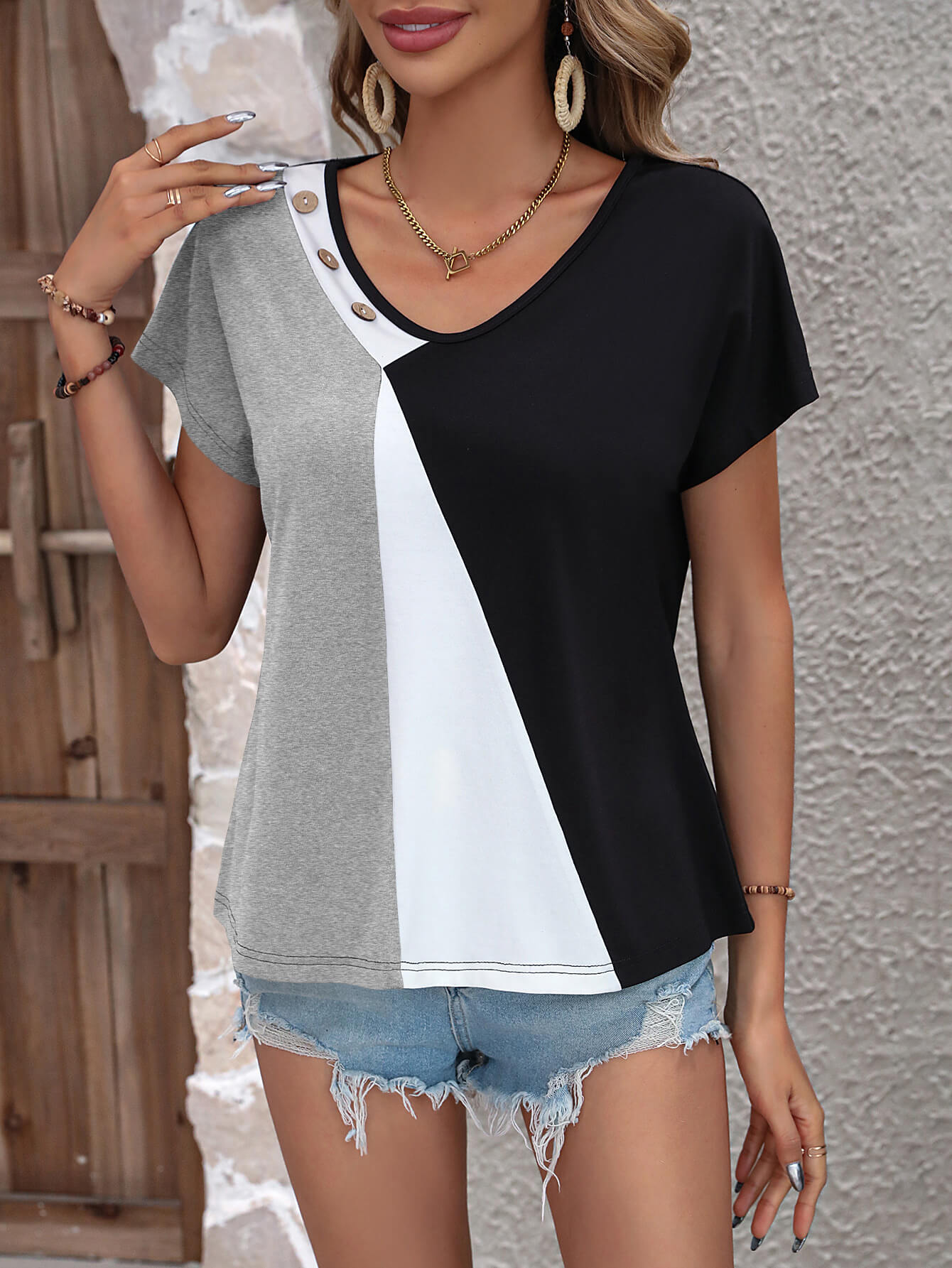 Ivy Lane Color Block Decorative Button V-Neck Tee