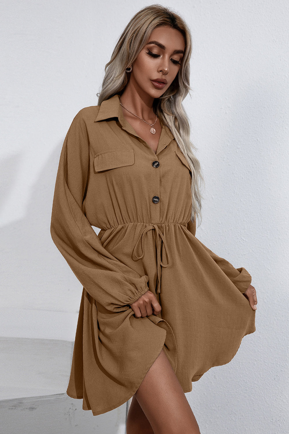 Ivy Lane Collared Tie Waist Button Up Shirt Dress