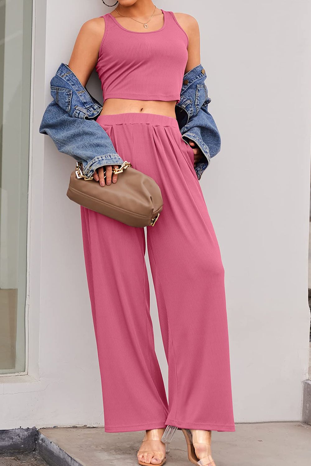 Scoop Neck Top and Wide Leg Pants Set