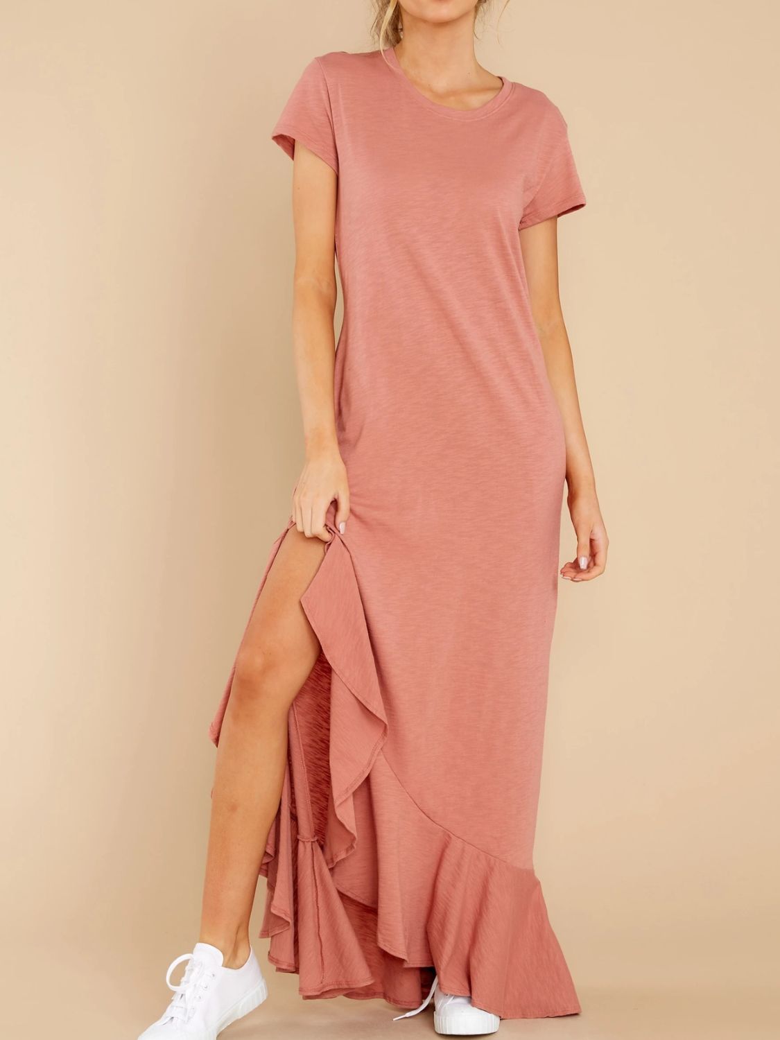 Slit Round Neck Short Sleeve Maxi Dress