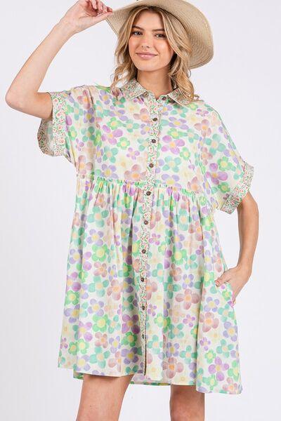 SAGE+FIG Floral Babydoll Short Sleeves Dress Gum Leaf