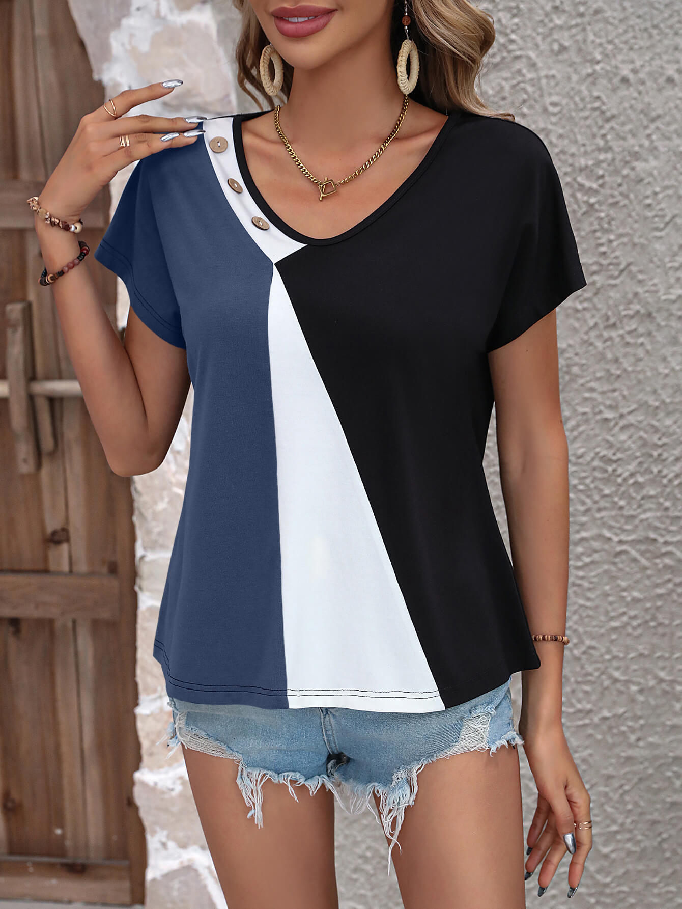 Ivy Lane Color Block Decorative Button V-Neck Tee