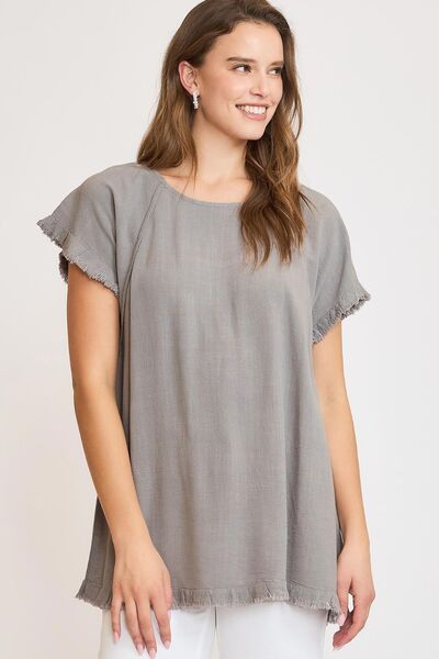 Umgee Full Size Seam Detail Linen Ruffle Fringe Edge Top Plus Size Gray