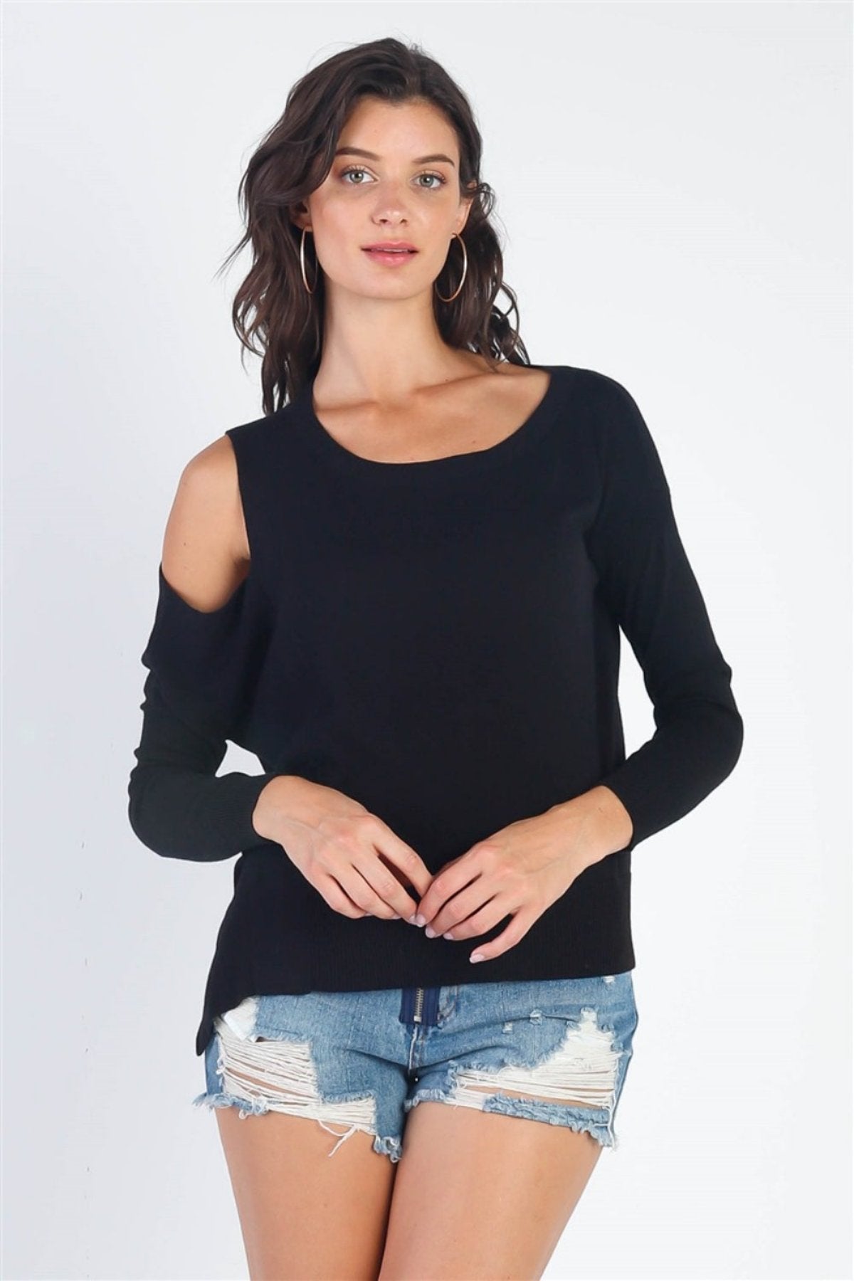 Cold Shoulder Long Sleeve Knit Top black 1