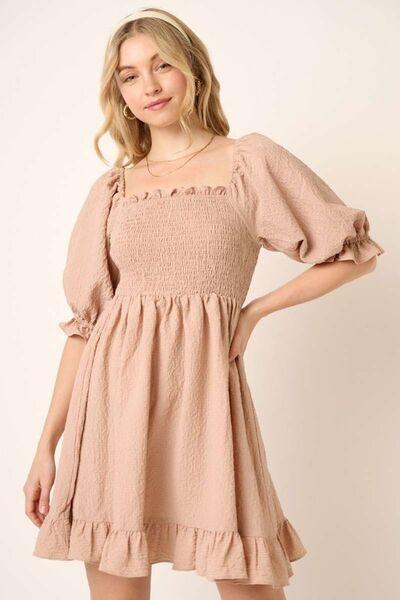 Mittoshop Smocked Ruffled Hem Half Sleeve Mini Dress Taupe