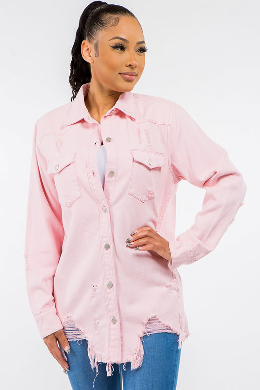 American Bazi Frayed Hem Distressed Denim Jacket Pink