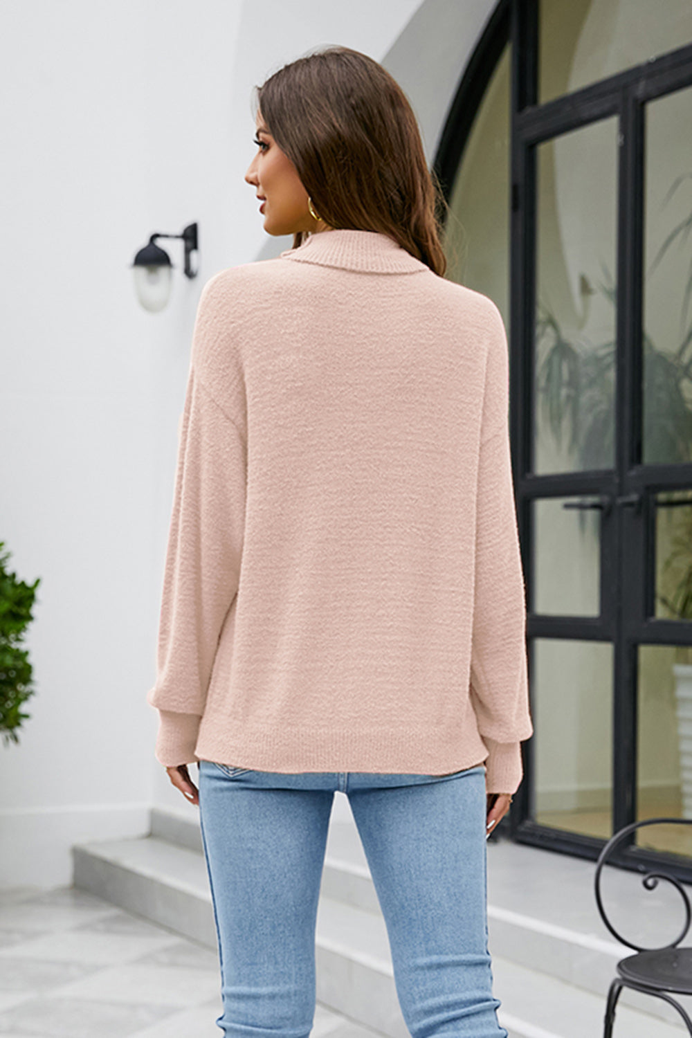 Mock Neck Dropped Shoulder Long Sleeve Sweater