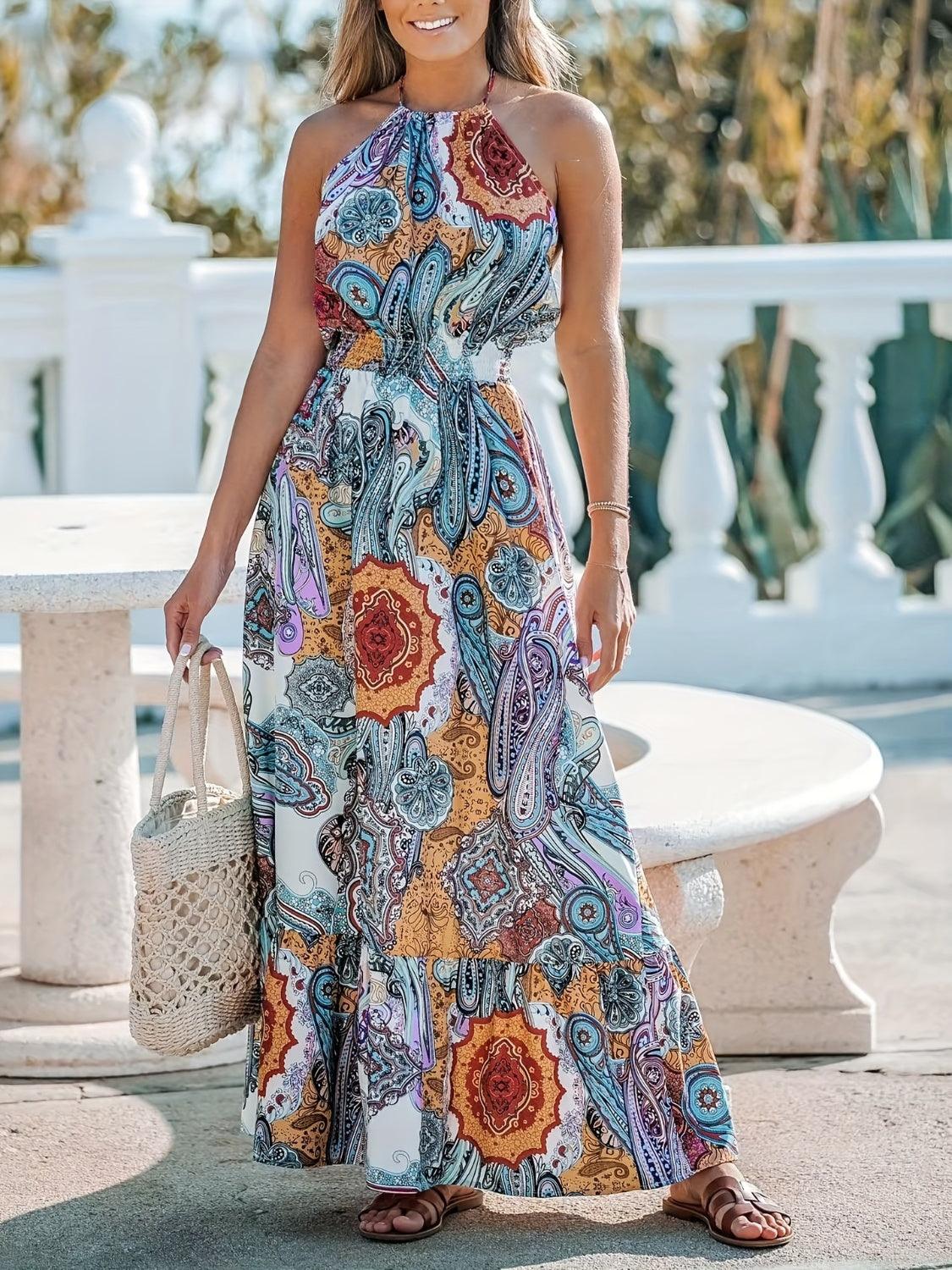 Printed Halter Neck Maxi Dress Pastel Blue