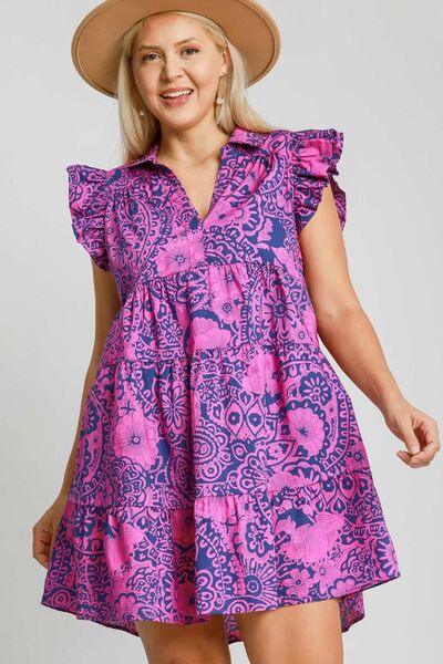 Umgee Full Size Printed Ruffle Cap Sleeve Babydoll Dress Plus Size