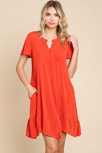 Culture Code Full Size Short Sleeve Ruffled Asymmetric Hem Dress Scarlet