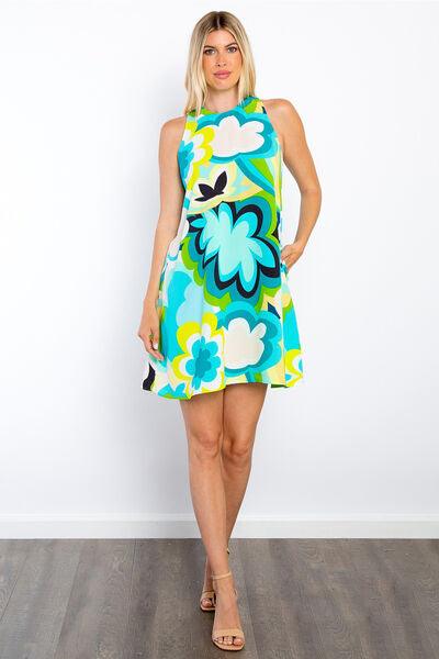 Be Stage Full Size Floral Sleeveless Mini Dress with Pockets Blue