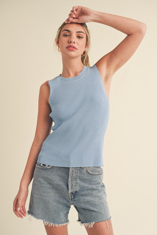 Aemi + Co Ribbed Round Neck Knit Tank Light Blue