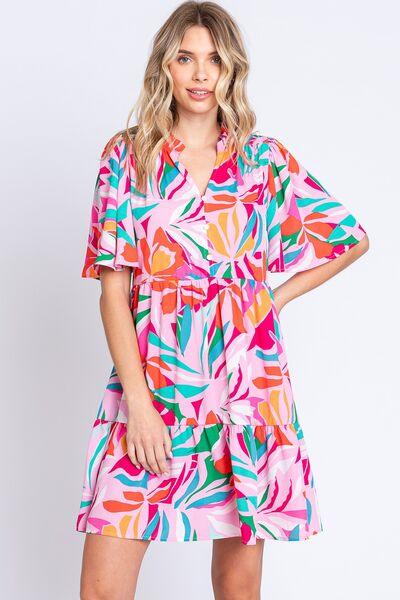 GeeGee Floral Ruffled Mini Dress Pink Green