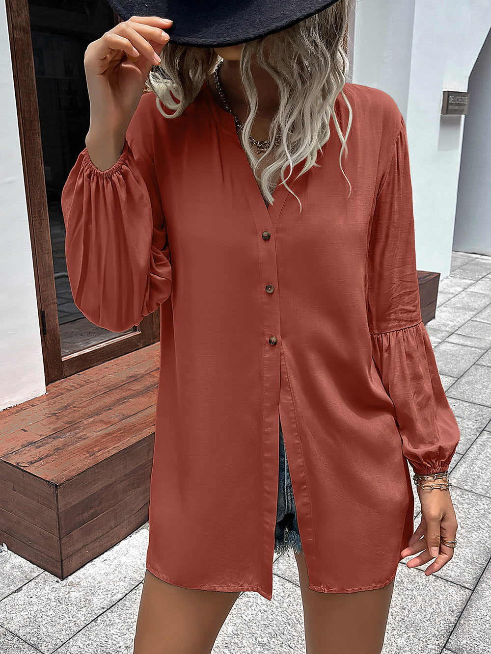 Ivy Lane Notched Neck Balloon Sleeve Shirt