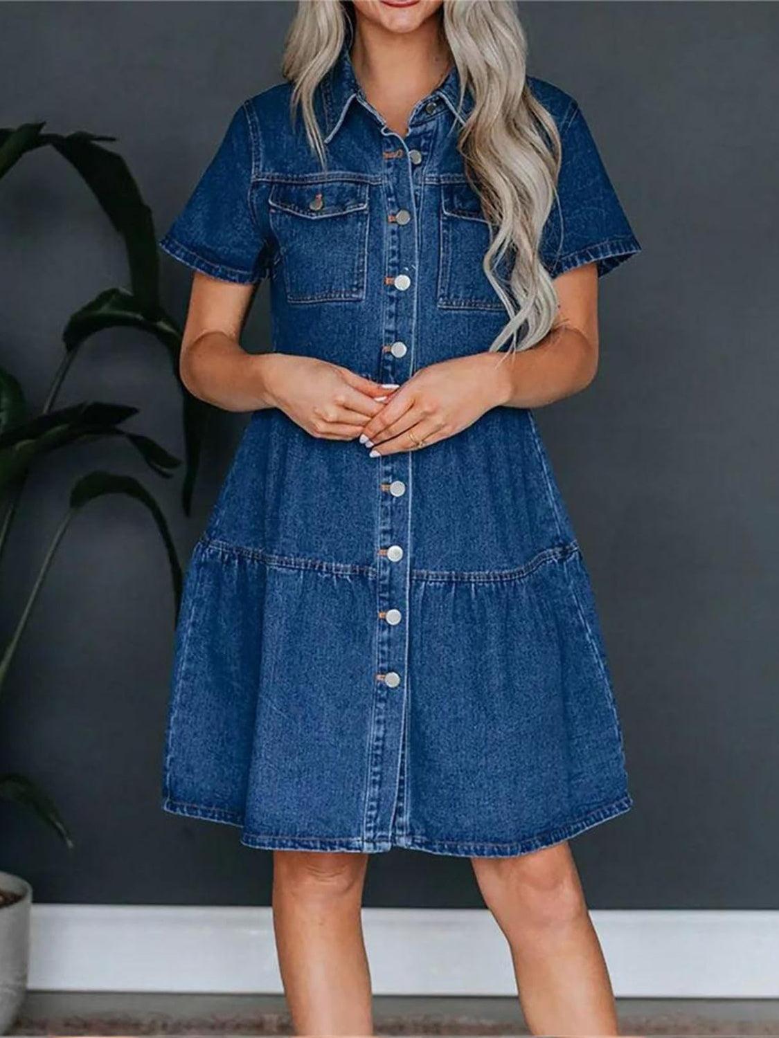 Pocketed Button Up Collared Neck Short Sleeve Denim Dress Navy