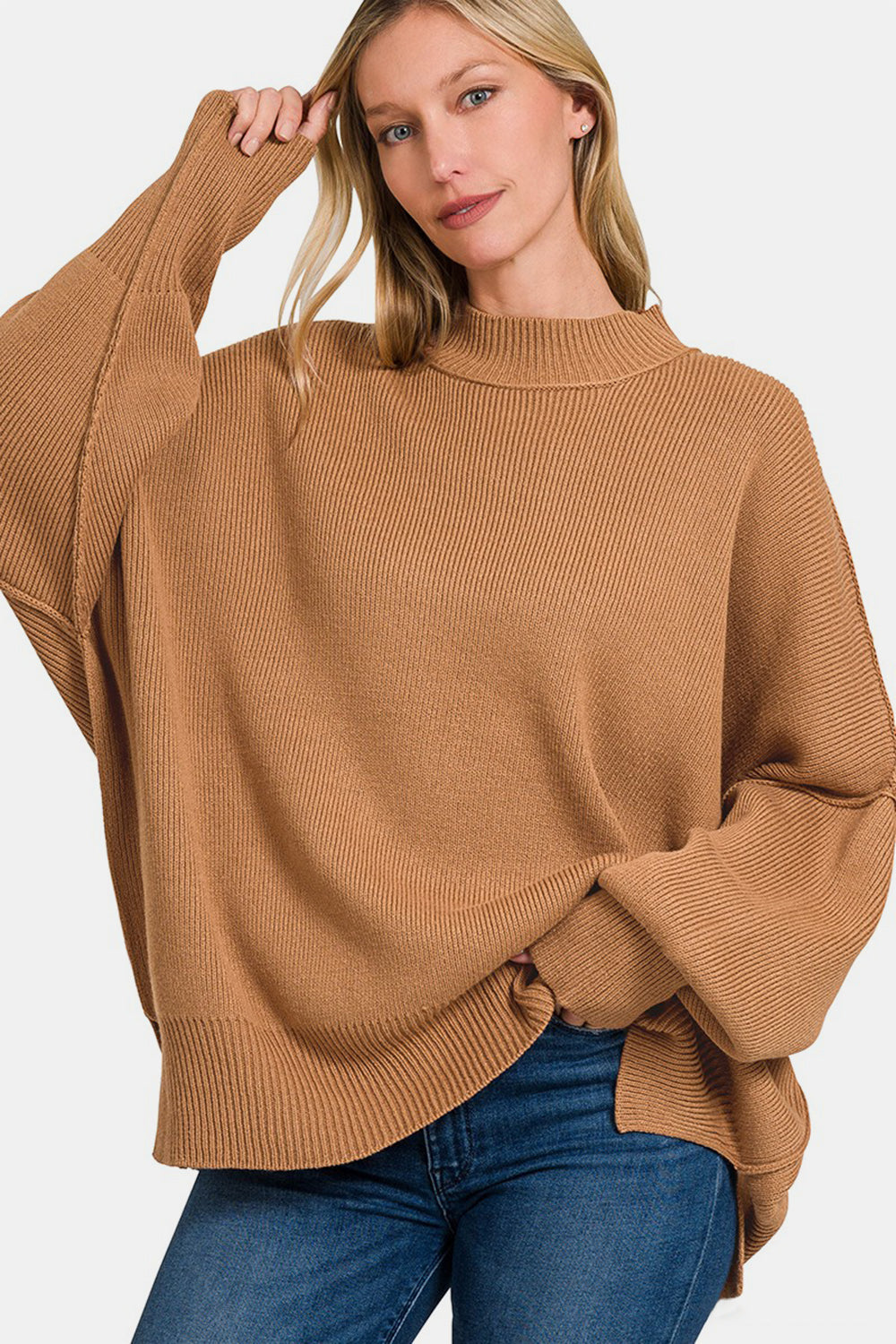 Zenana Side Sit Oversize Sweater Deep Camel