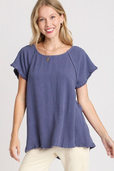 Umgee Full Size Seam Detail Linen Ruffle Fringe Edge Top Plus Size Dusty Blue