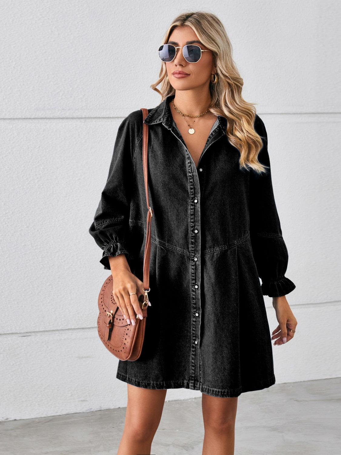 Button Up Flounce Sleeve Mini Denim Dress Black