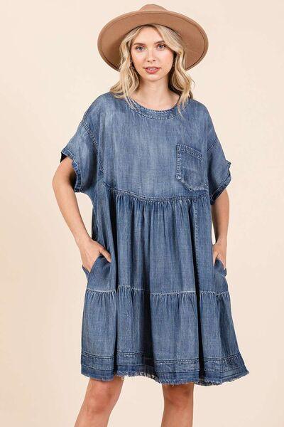 Mittoshop Washed Chambray Denim Oversized Tier Mini Dress Medium