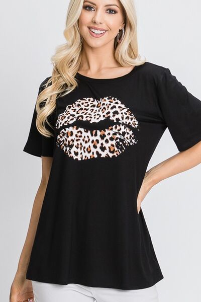 Heimish Full Size Leopard Lip Round Neck Short Sleeve T-Shirt Plus Size