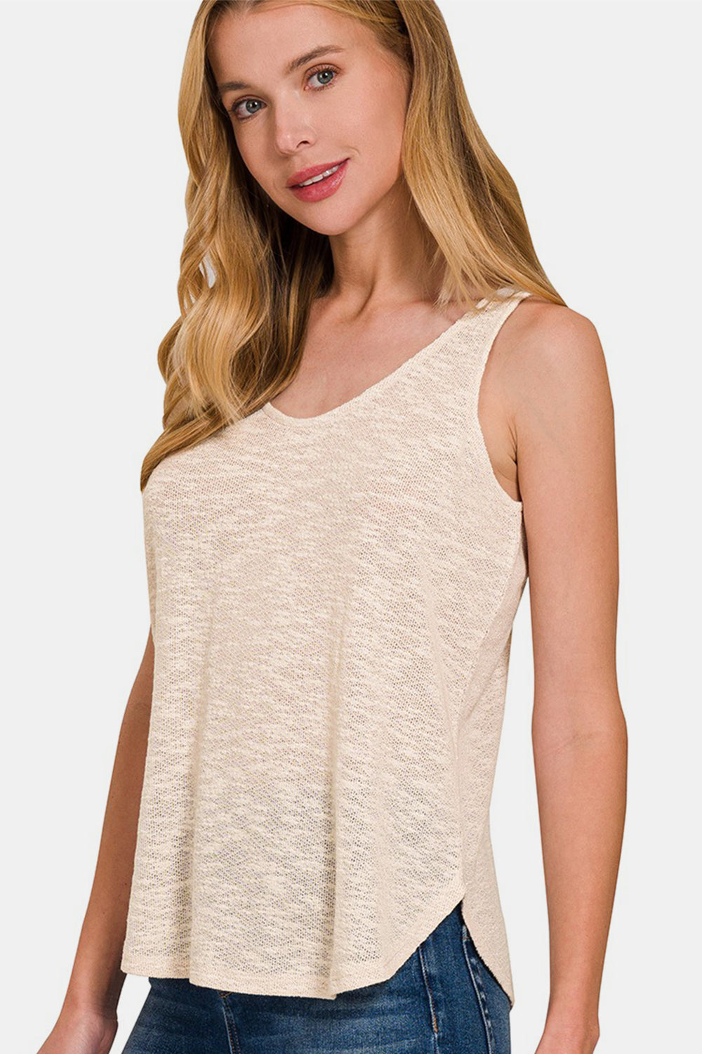 Zenana Curved Hem Round Neck Tank Sand Beige