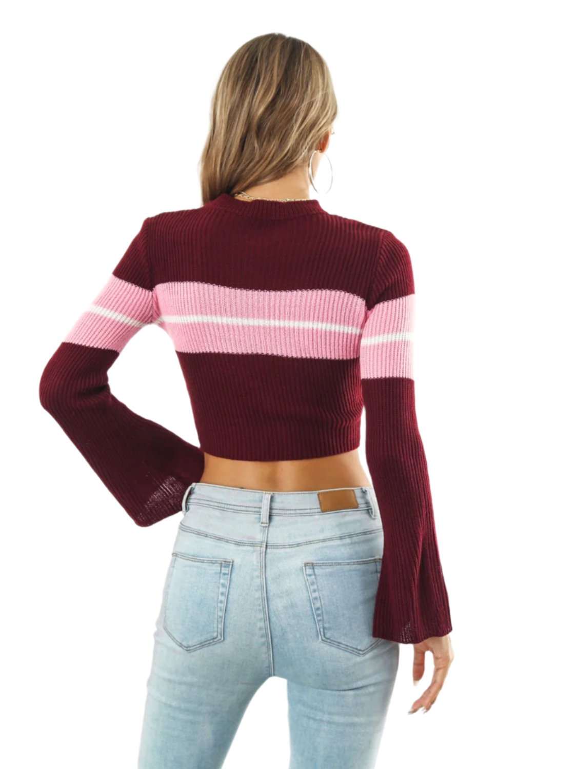 Ribbed Color Block Round Neck Cropped Sweater