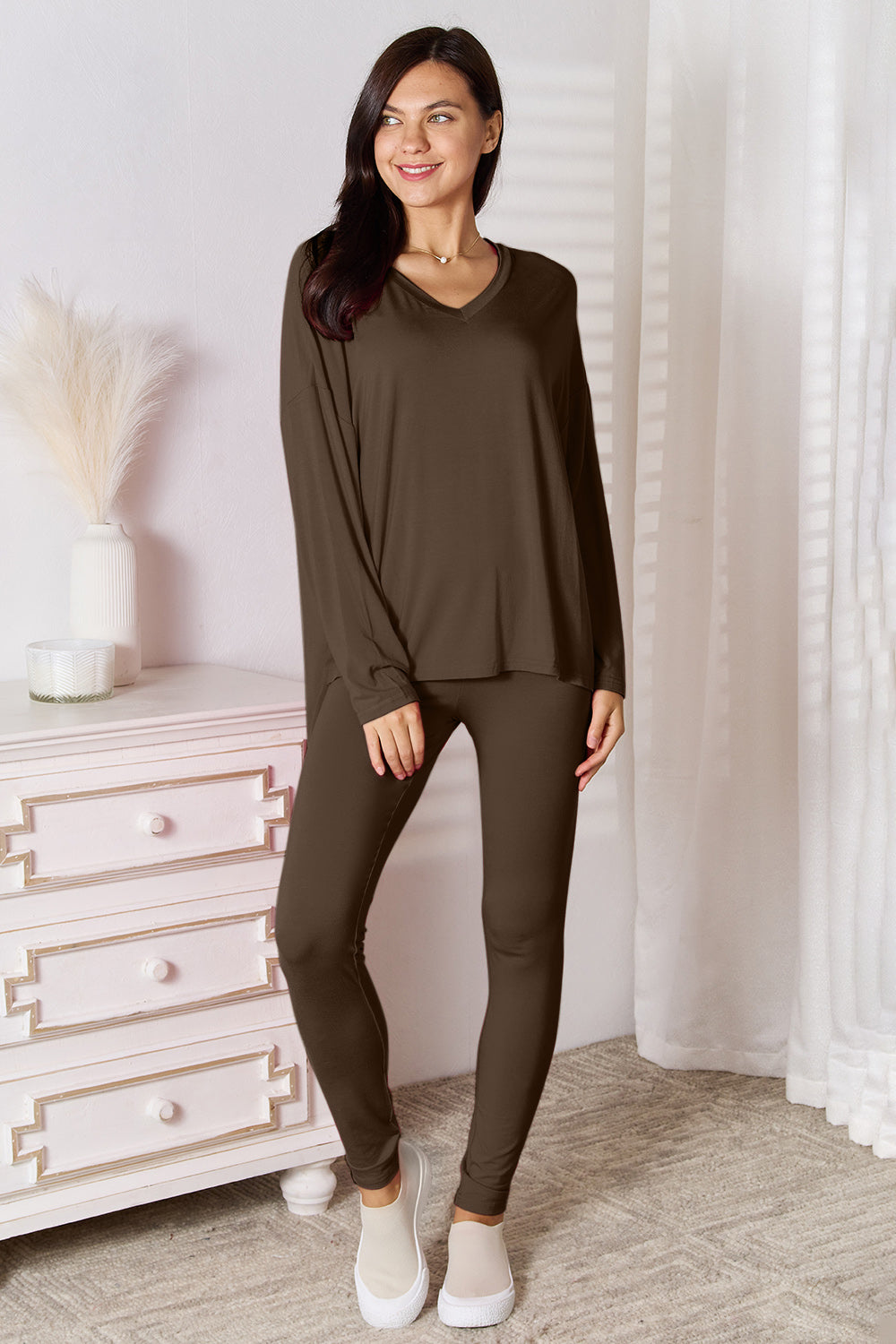 Basic Bae Bamboo Full Size V-Neck Long Sleeve Top and Pants Lounge Set Chocolate