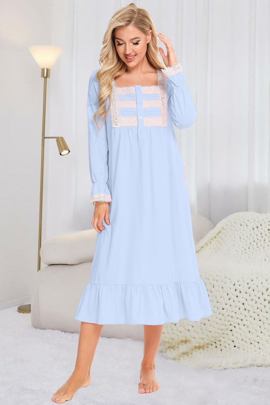 Lace Detail Square Neck Flounce Sleeve Night Dress Pastel Blue