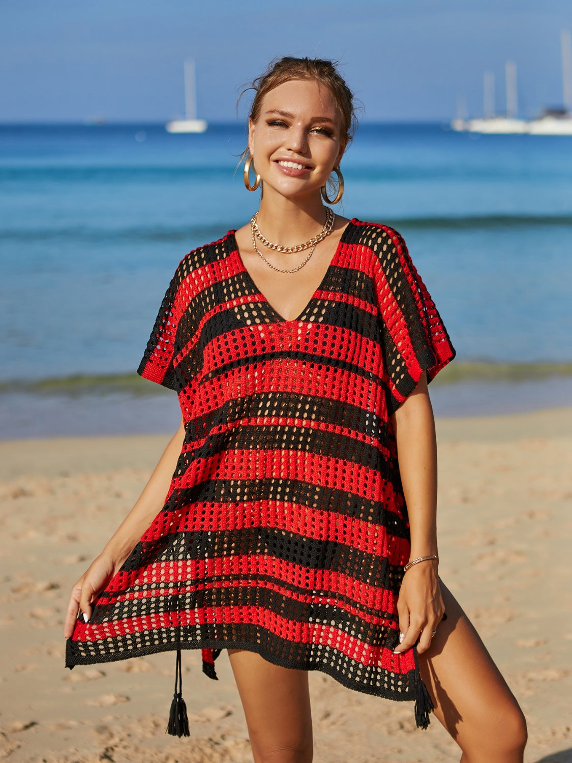 Tassel Openwork Striped V-Neck Cover Ups