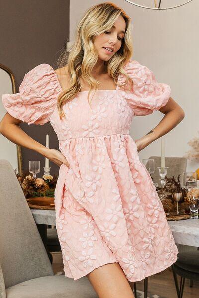 BiBi Flower Square Neck Puff Sleeve Dress Blush