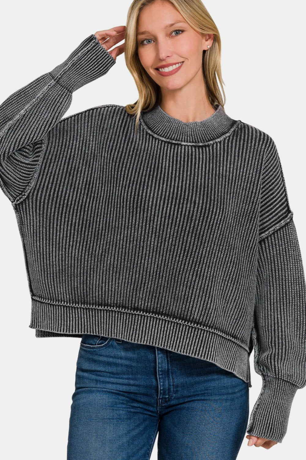 Zenana Exposed Seam Round Neck Dropped Shoulder Sweater Black