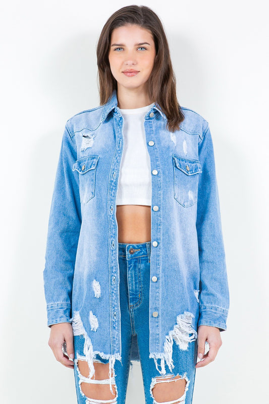 American Bazi Frayed Hem Distressed Denim Shirt Jacket Light Blue