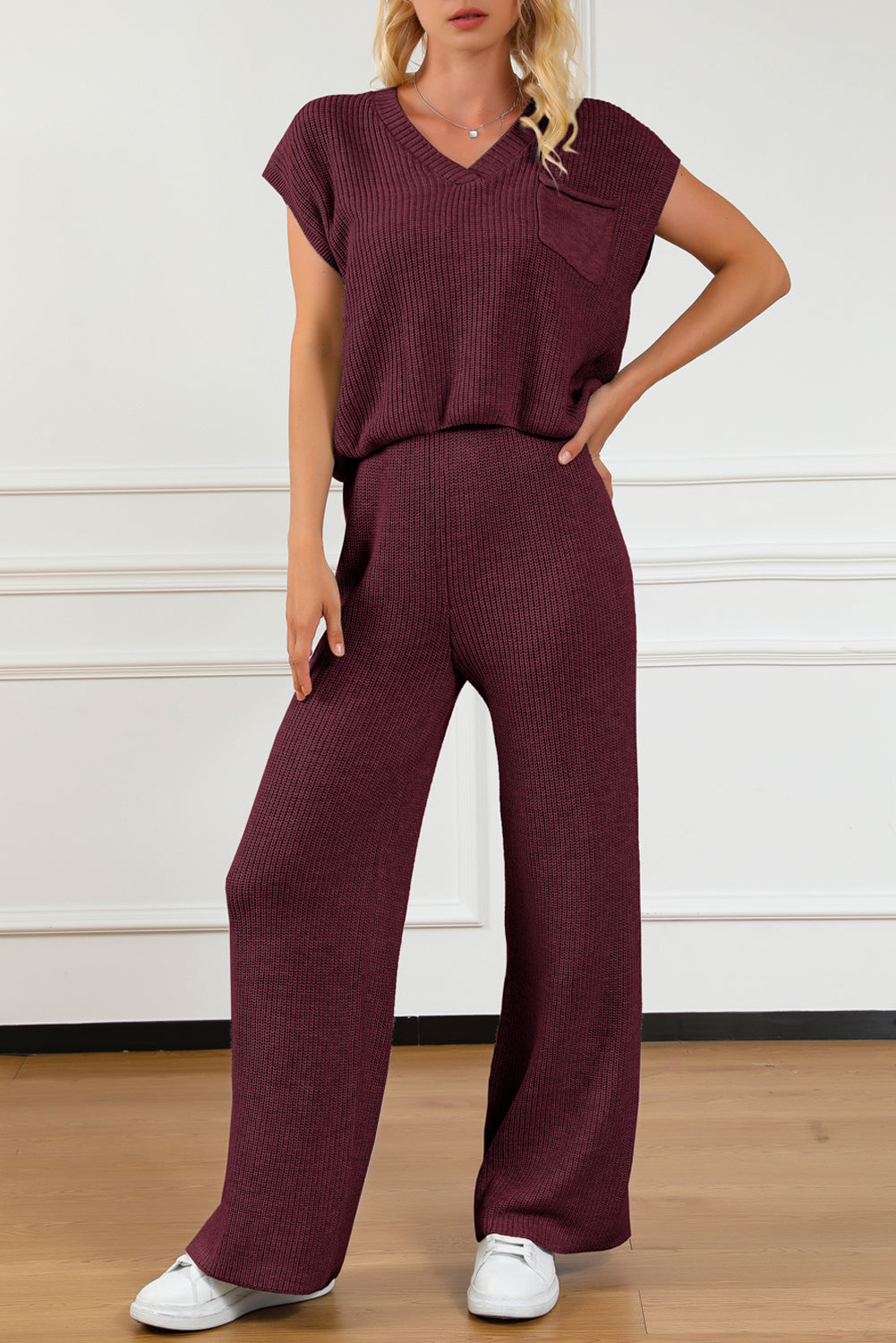 Pocketed V-Neck Top and Wide Leg Sweater Set Burgundy